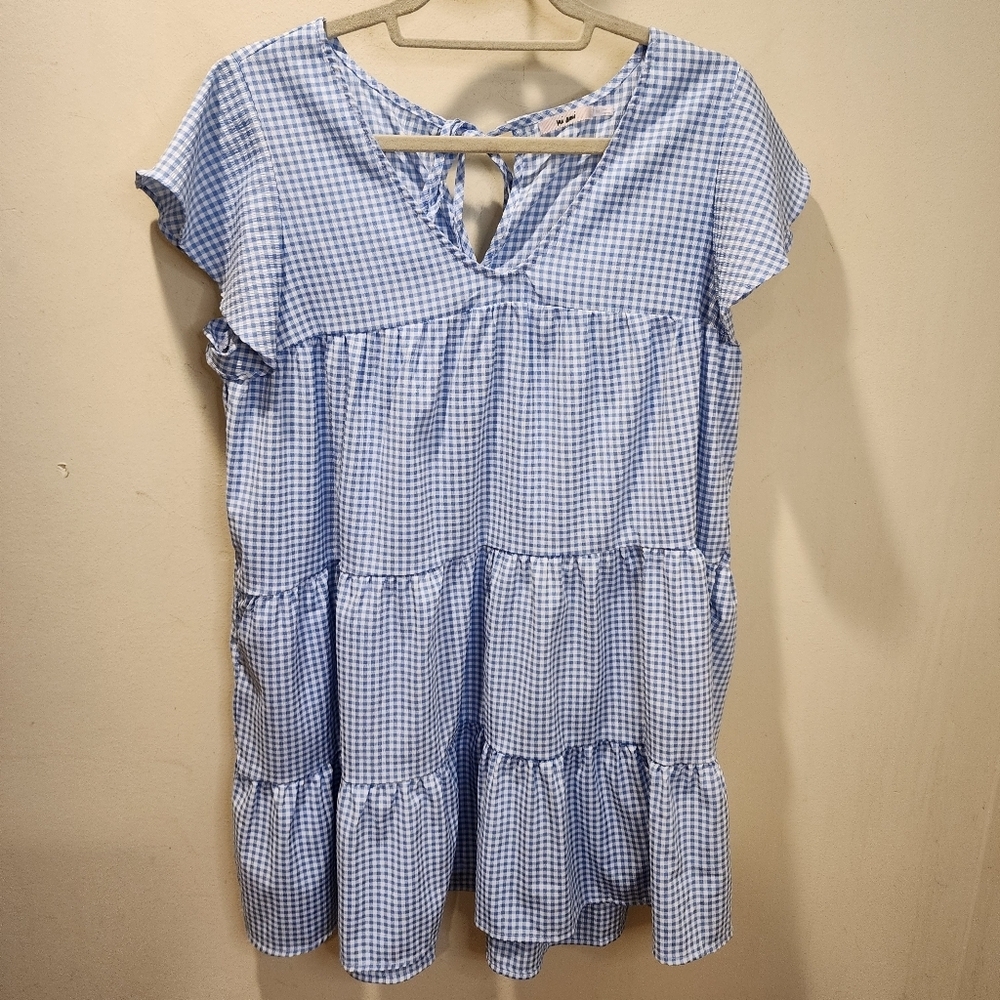 Mi Ami Blue Gingham Tiered  Casual Dress With Pockets Size M